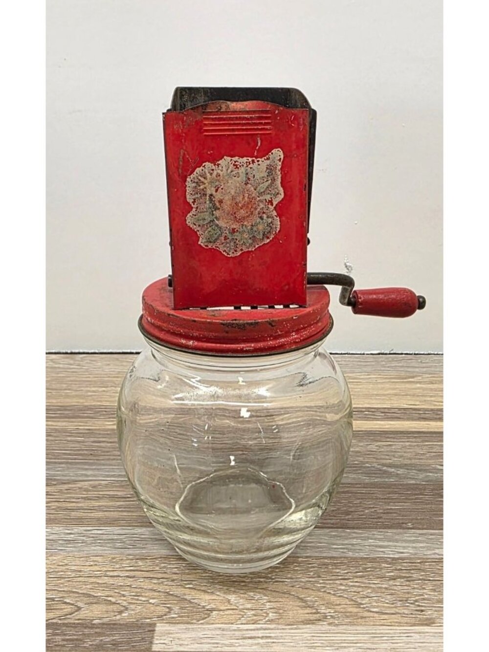 Vintage MCM 1940s Hazel Atlas Nut Grinder or Chopper Floral Design on Red Metal